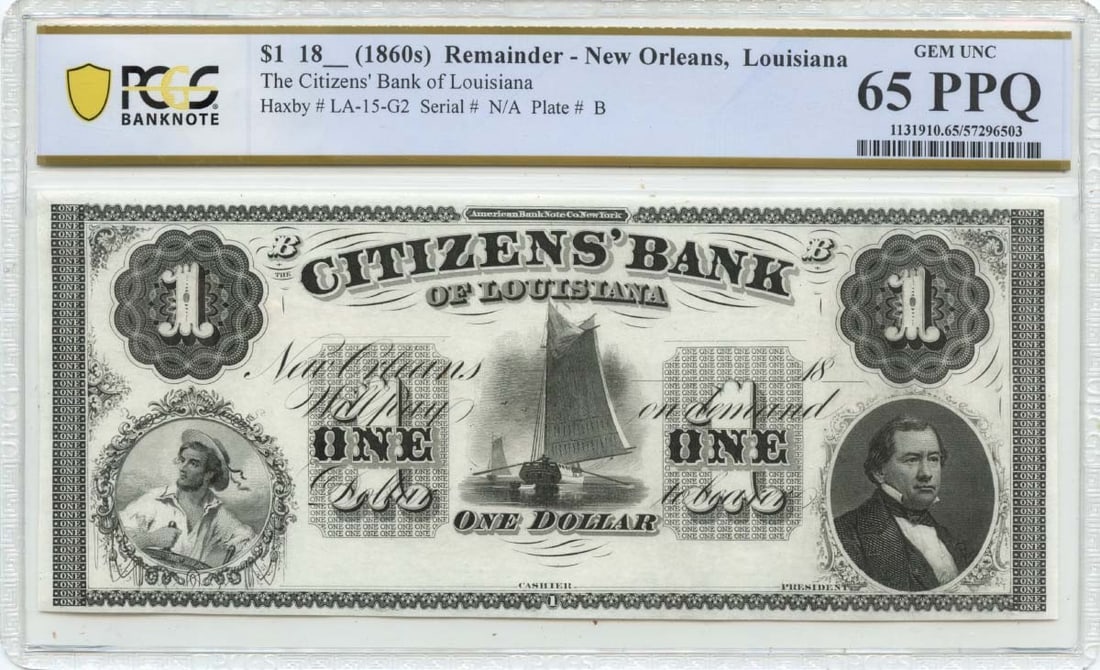 Citizens Bank Obsolete $1 New Orleans Note PCGS GEM 65 PPQ (1 of 2)