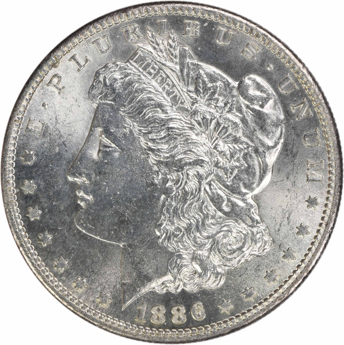Uncirculated 1886 S Morgan Silver Dollar Choice BU Uncertified: Uncirculated 1886 S Morgan Silver Dollar Choice BU Uncertified This 1886-S Morgan Silver Dollar is a choice brilliant uncirculated coin from the San Francisco Mint. Composed of silver, it features the