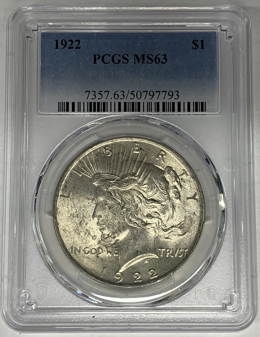 PCGS MS 63 Certified 1922 Peace Dollar Silver Coin: PCGS MS 63 Certified 1922 Peace Dollar Silver Coin This 1922 Peace Silver Dollar coin from the United States is composed of silver and features a denomination of $1. Certified by PCGS, it has an MS 63