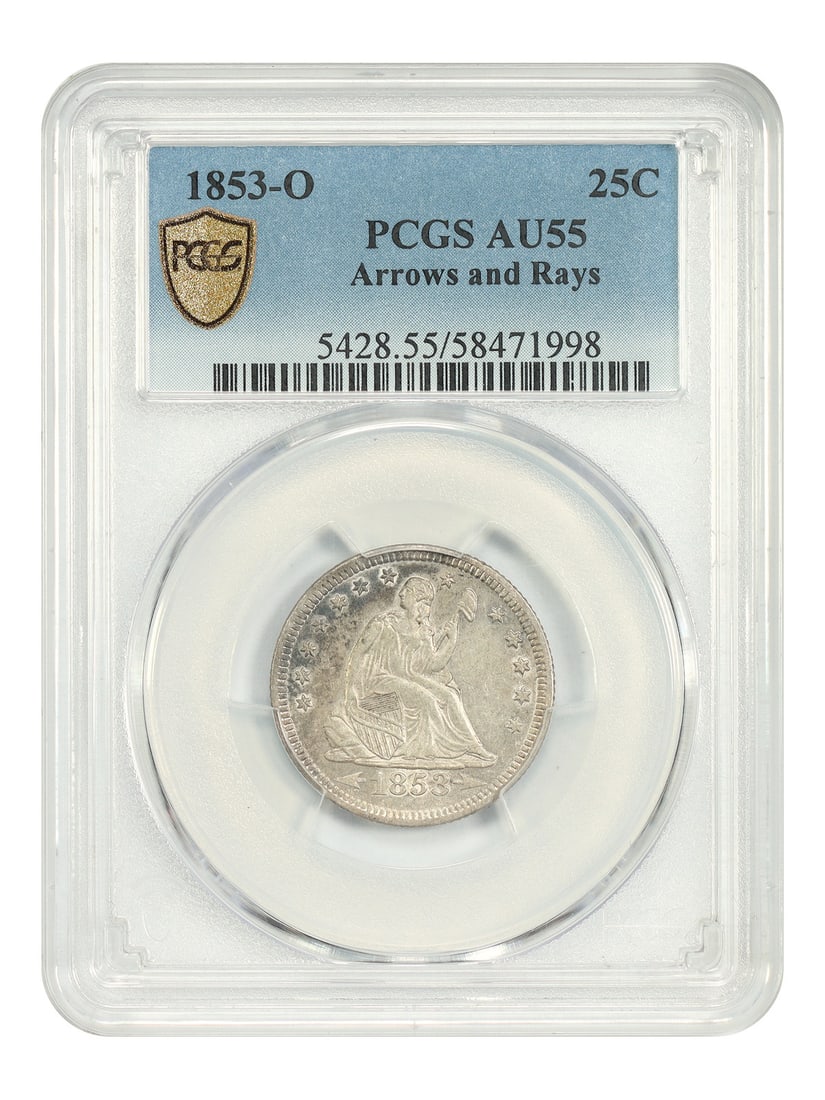 Liberty Seated Quarter 1853-O Arrows and Rays PCGS AU55 New Orleans Mint: Liberty Seated Quarter 1853-O Arrows and Rays PCGS AU55 New Orleans Mint This 1853-O Liberty Seated Quarter features the popular arrows and rays design and was minted in New Orleans. Graded AU55 by PC
