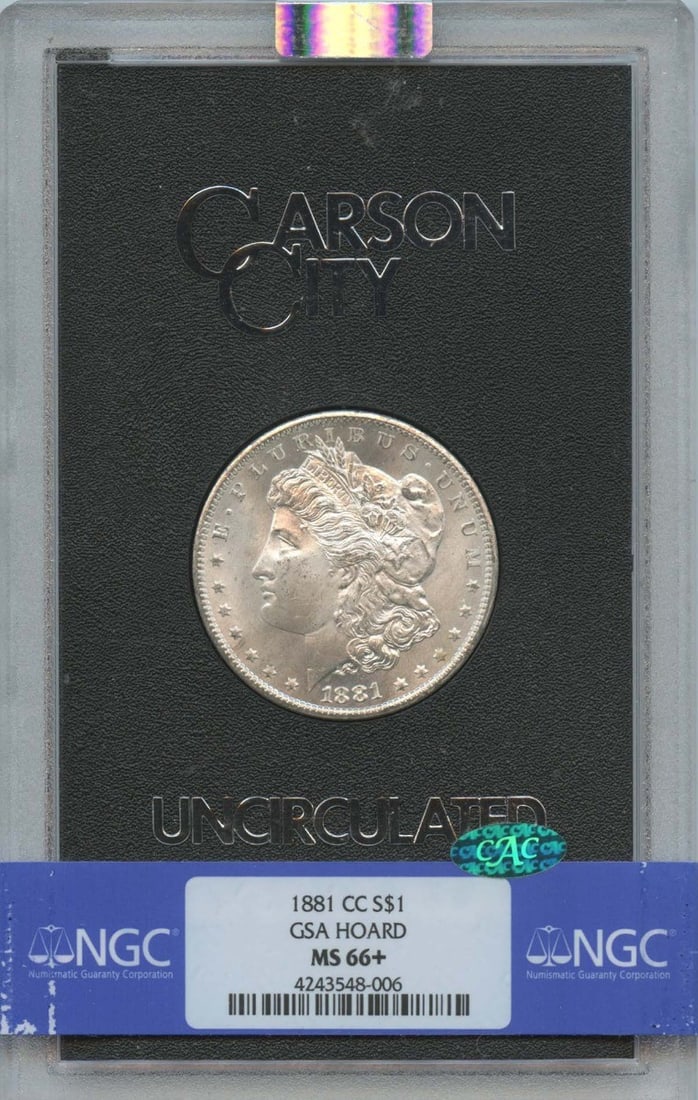 NGC MS66+ CAC 1881 Carson City Morgan Silver Dollar GSA Hoard: NGC MS66+ CAC 1881 Carson City Morgan Silver Dollar GSA Hoard This 1881-CC Morgan Dollar is part of the GSA Hoard and is graded MS66+ by NGC, with an additional CAC designation. Struck at the Carson C