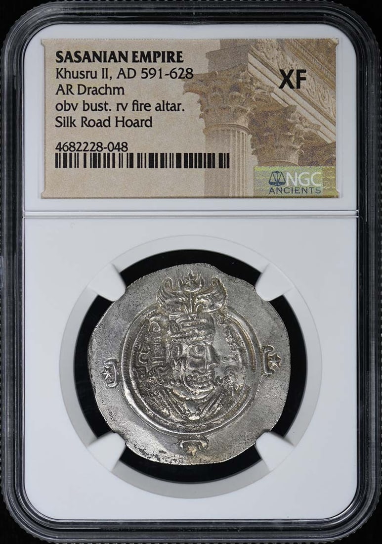 Sasanian Empire Khusru II Silver Drachm Certified NGC XF: Sasanian Empire Khusru II Silver Drachm Certified NGC XF This is a Sasanian Empire AR Drachm from the reign of Khusru II, dating between AD 591-628. The coin is certified by NGC and graded as XF (Extr