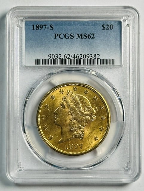 San Francisco 1897 Liberty Head $20 Gold Coin PCGS MS62: San Francisco 1897 Liberty Head $20 Gold Coin PCGS MS62 This 1897 S Double Eagles Liberty Head $20 gold coin is graded MS 62 by PCGS. Minted in San Francisco, this uncirculated coin features the iconi
