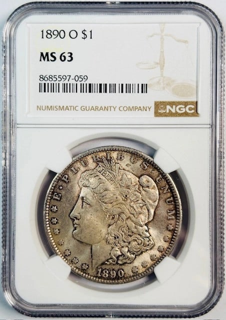 NGC MS63 1890 New Orleans Mint Silver Morgan Dollar: NGC MS63 1890 New Orleans Mint Silver Morgan Dollar This is an 1890 O Morgan Silver Dollar graded MS-63 by NGC. Minted in New Orleans, this uncirculated silver coin is a collectible piece from the Uni