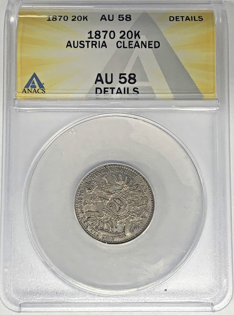 Austria 1870 20 Kreutzer Coin ANACS AU 58 Details Cleaned: Austria 1870 20 Kreutzer Coin ANACS AU 58 Details Cleaned This is an 1870 Austria 20 Kreutzer coin, graded AU 58 Details by ANACS. The coin has been cleaned and is considered circulated. It is a pre-o