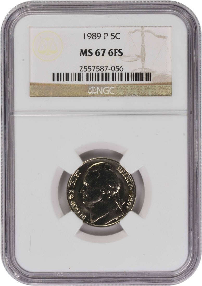 NGC MS67 1989 Philadelphia Jefferson Nickel Six Full Steps: NGC MS67 1989 Philadelphia Jefferson Nickel Six Full Steps This 1989-P Jefferson Nickel is graded MS67 with 6 Full Steps by NGC. Struck at the Philadelphia Mint, it features a composition of 75% coppe