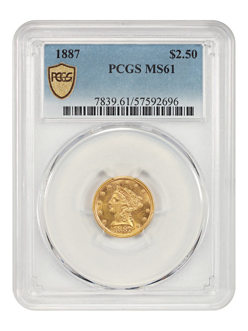 1887 Liberty Head Gold Quarter Eagle PCGS MS61 Philadelphia Mint: 1887 Liberty Head Gold Quarter Eagle PCGS MS61 Philadelphia Mint This is an 1887 Liberty Head $2.50 gold coin graded MS61 by PCGS. Minted in Philadelphia, this coin is uncirculated and features a very