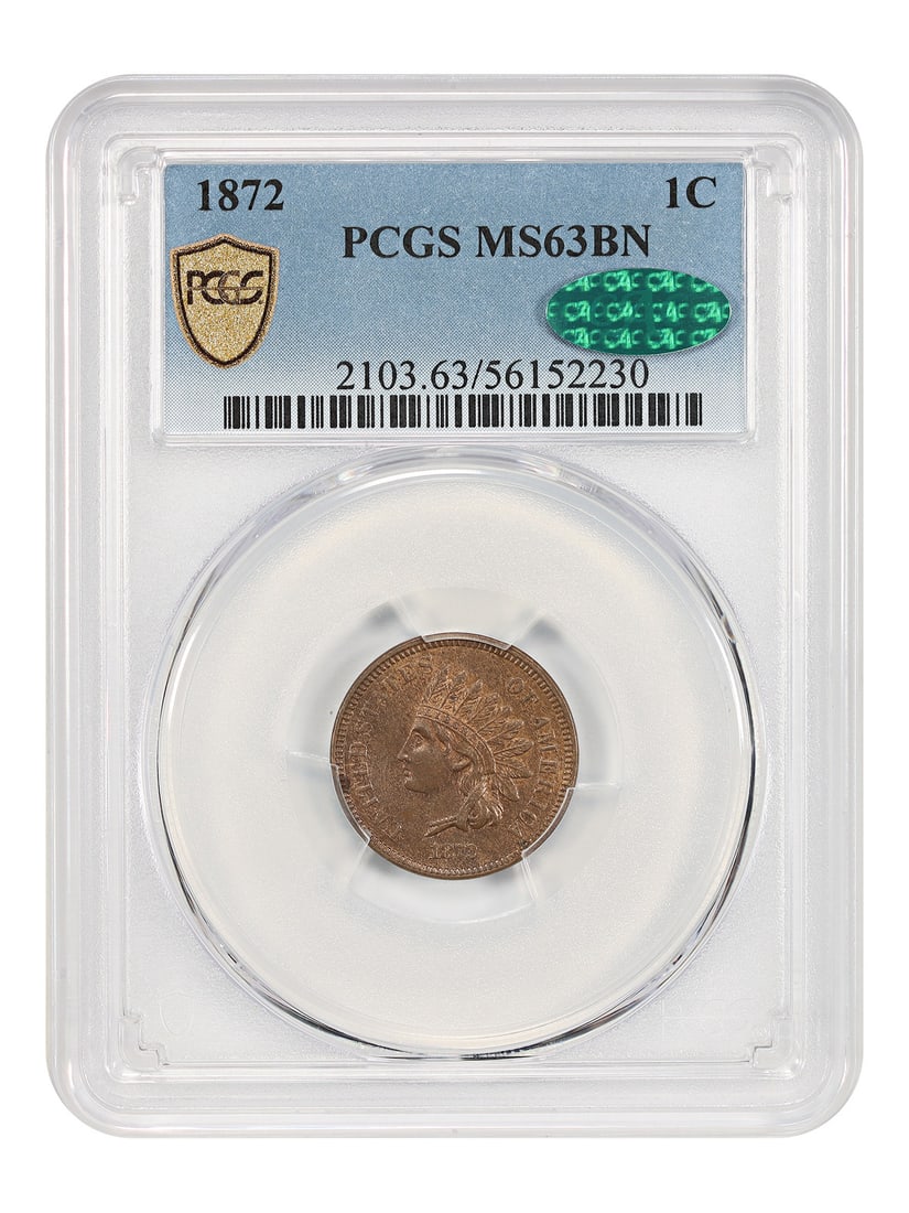 PCGS CAC MS63BN 1872 Indian Head Cent Key Date Uncirculated: PCGS CAC MS63BN 1872 Indian Head Cent Key Date Uncirculated This 1872 Indian Cent is a key date collectible, certified by PCGS and CAC-approved with a grade of MS63BN. It features natural brown and li