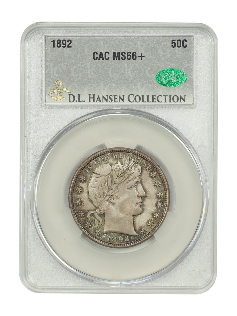 1892 Barber Half Dollar CACG MS66+ Stunning Luster and Tones: 1892 Barber Half Dollar CACG MS66+ Stunning Luster and Tones This exquisite 1892 Barber Half Dollar is certified by CACG with a grade of MS66+, indicating its uncirculated condition. The coin features