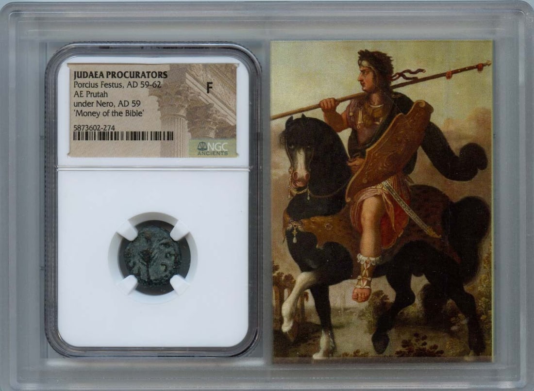 NGC Certified Prutah Coin Featuring Porcius Festus as Judea Procurator F12: NGC Certified Prutah Coin Featuring Porcius Festus as Judea Procurator F12 Porcius Festus AE Prutah is an ancient Roman coin from the Judaea Procurators period, dated to AD 59-62. This coin has been c
