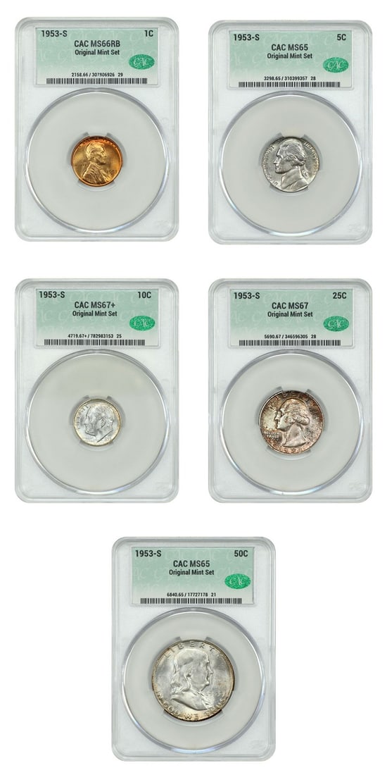 1953-S Uncirculated Five Coin Mint Set CACG MS65-67 Plus: 1953-S Uncirculated Five Coin Mint Set CACG MS65-67 Plus This original 1953-S Mint Set includes five uncirculated coins, each certified by CACG with grades ranging from MS65 to MS67+. The set consists