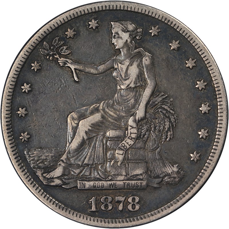 1878 San Francisco Trade Dollar Silver Coin VF to XF Grade: 1878 San Francisco Trade Dollar Silver Coin VF to XF Grade This 1878-S Trade Dollar is a circulated silver coin from the United States, exhibiting a grade of VF/XF. It features an attractive patina th
