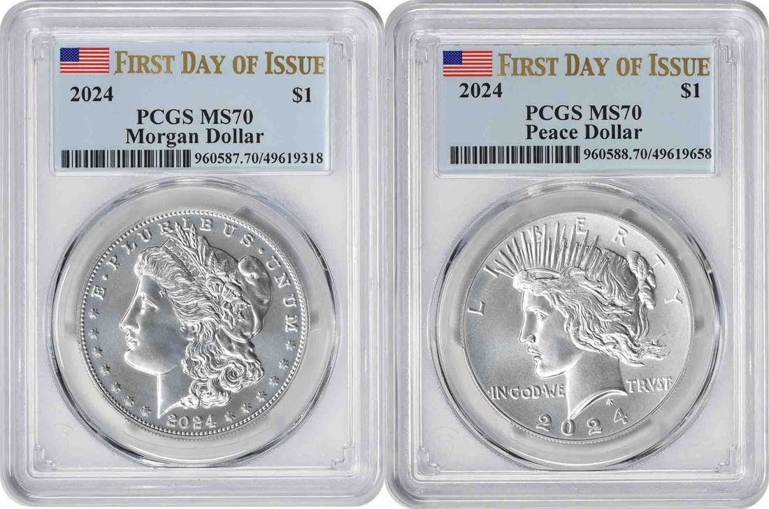 2024 Morgan Peace Silver Dollar 2-Coin Set MS70 PCGS First Day of Issue: 2024 Morgan Peace Silver Dollar 2-Coin Set MS70 PCGS First Day of Issue This exquisite 2024 Morgan and Peace Silver Dollar 2-Coin Set is certified by PCGS with a remarkable grade of MS70, marking it a