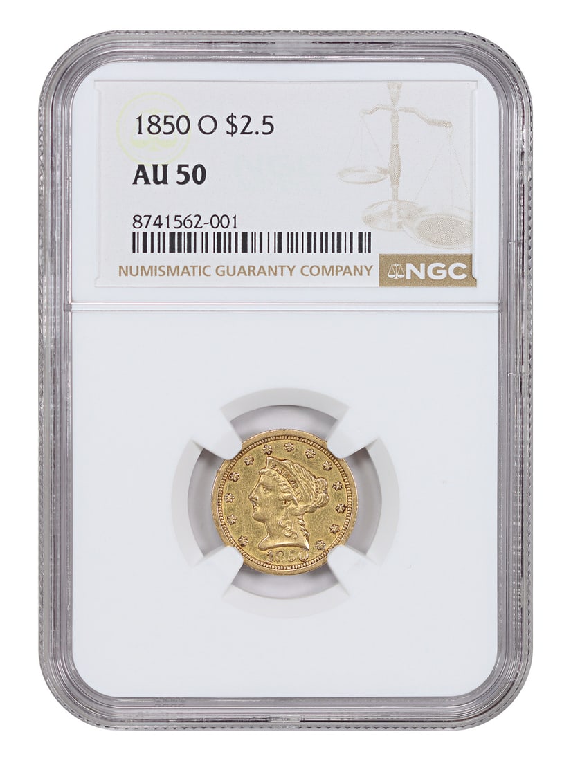 1850 New Orleans Liberty Head Gold Quarter Eagle NGC AU50: 1850 New Orleans Liberty Head Gold Quarter Eagle NGC AU50 This is an 1850-O Liberty Head $2.50 gold coin, certified by NGC with an AU50 grade. Struck at the New Orleans Mint, this scarce issue had a m