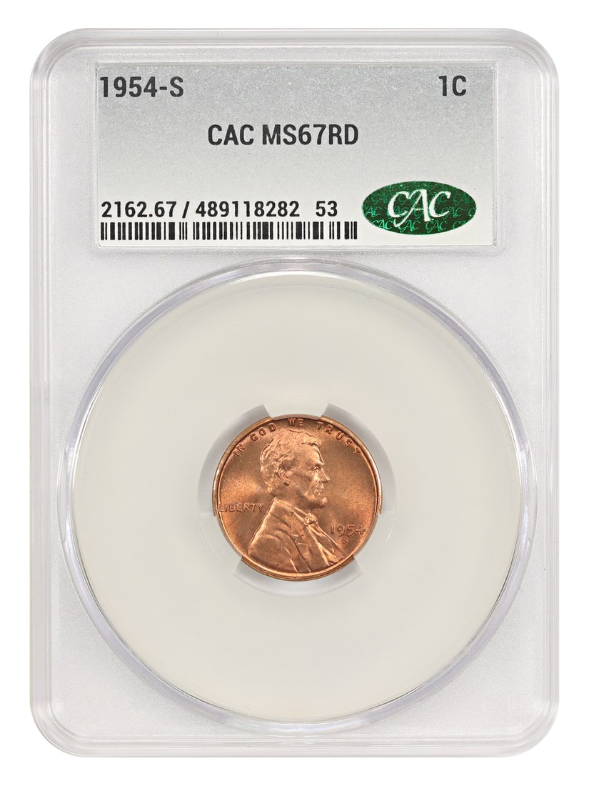 Lincoln Wheat Cent 1954-S MS67RD CACG Certified Red Uncirculated: Lincoln Wheat Cent 1954-S MS67RD CACG Certified Red Uncirculated This 1954-S Lincoln Cent features the Wheat Reverse design and has been certified by CACG as MS67RD, indicating a red, mint state coin.