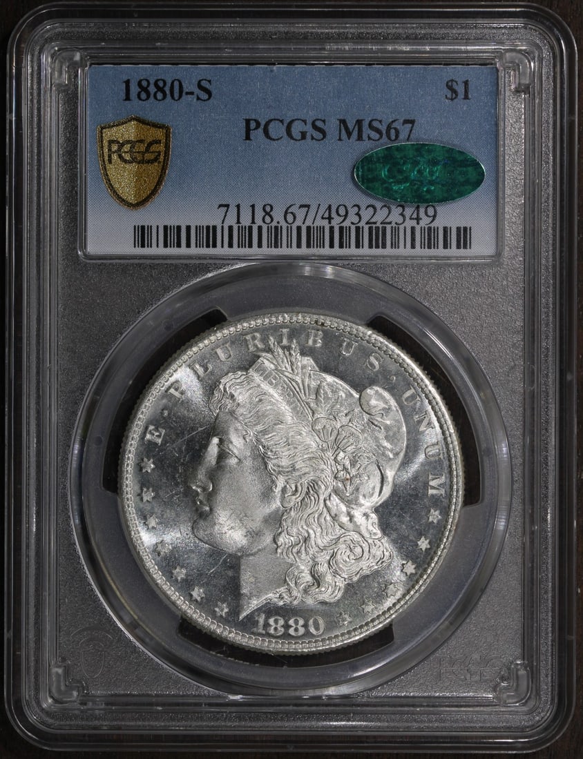 MS67 CAC 1880 San Francisco Morgan Dollar PCGS Certified Silver Coin: MS67 CAC 1880 San Francisco Morgan Dollar PCGS Certified Silver Coin This 1880-S Morgan Silver Dollar is graded MS67 by PCGS and is CAC certified, indicating superb gem quality. Struck in San Francisc