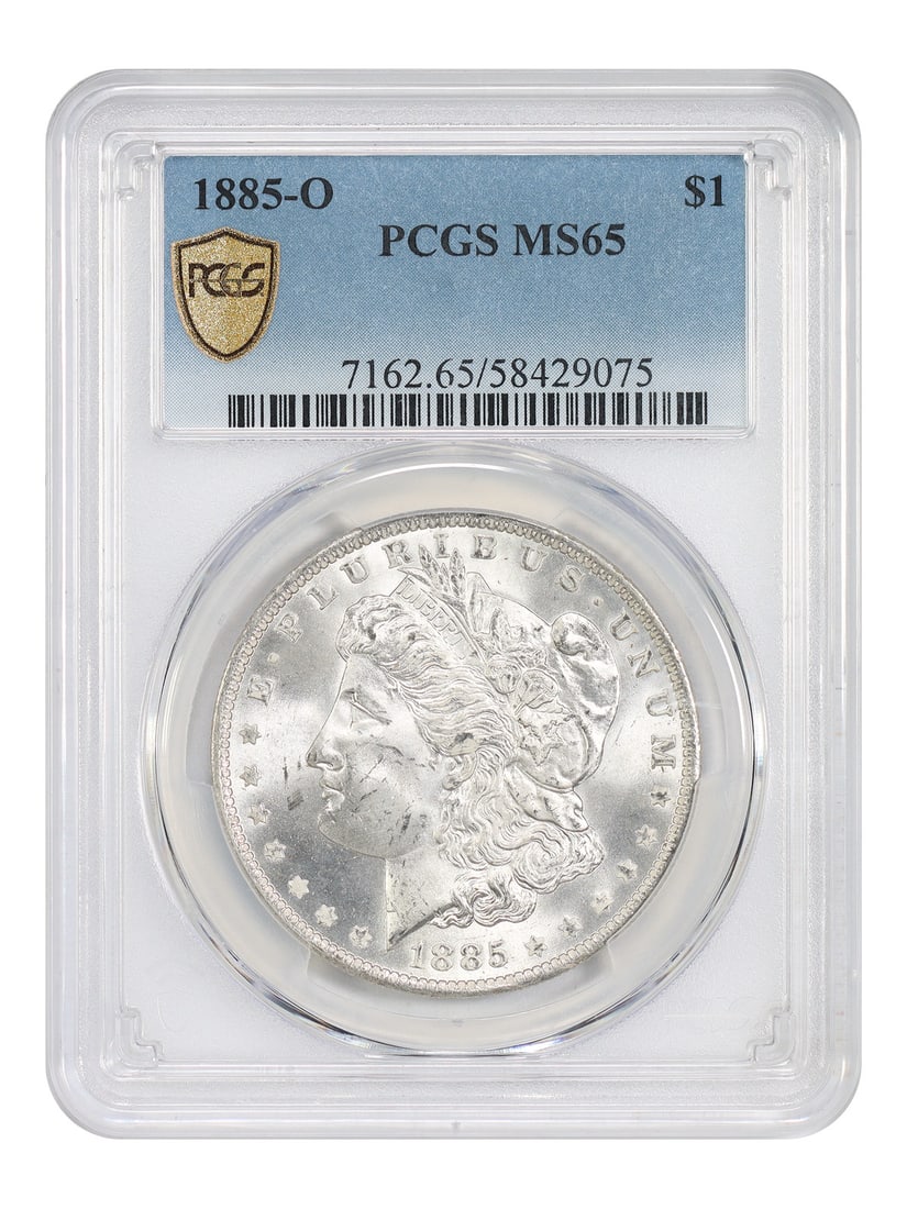 PCGS MS65 1885-O New Orleans Morgan Silver Dollar: PCGS MS65 1885-O New Orleans Morgan Silver Dollar This is an uncirculated 1885-O Morgan Dollar graded MS65 by PCGS. Minted in New Orleans, this coin is part of the Morgan Dollar series and is in pre-o