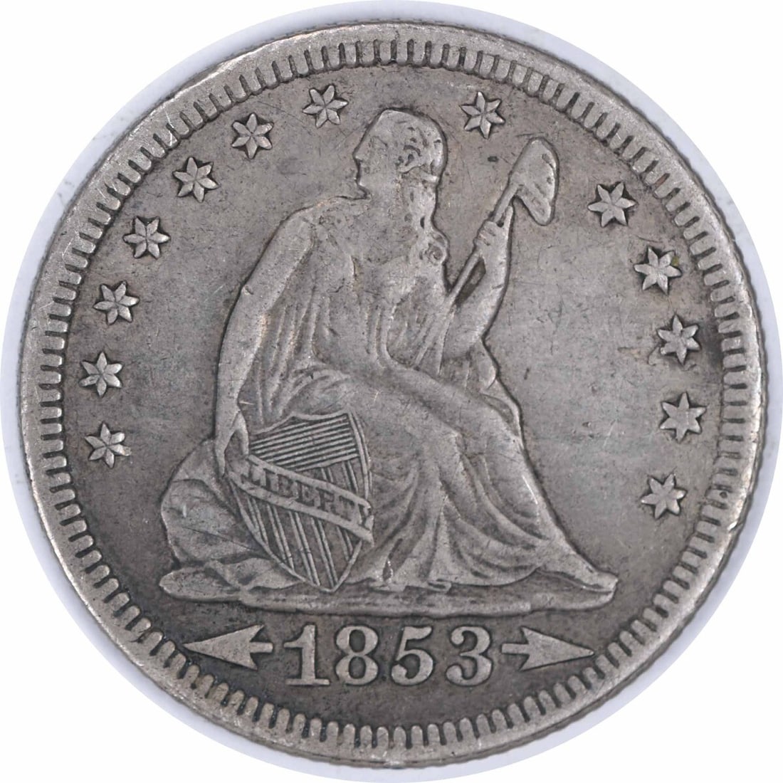 1853-O Liberty Seated Quarter Arrows Rays 90% Silver Uncertified: 1853-O Liberty Seated Quarter Arrows Rays 90% Silver Uncertified This 1853-O Liberty Seated Quarter features the Arrows and Rays design and is in an Extra Fine (XF) condition. Minted in New Orleans, t