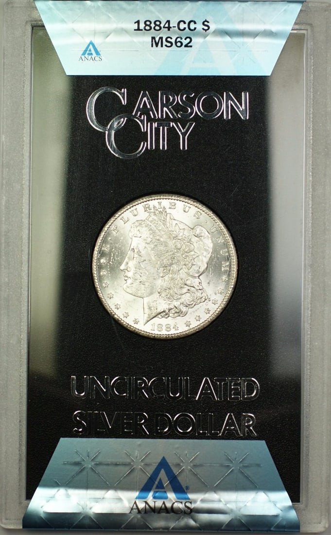 ANACS MS62 1884 Carson City Morgan Dollar from GSA Hoard: ANACS MS62 1884 Carson City Morgan Dollar from GSA Hoard This is an 1884-CC Morgan Silver Dollar from the GSA Hoard, certified by ANACS with a grade of MS-62. Minted in Carson City, this uncirculated 