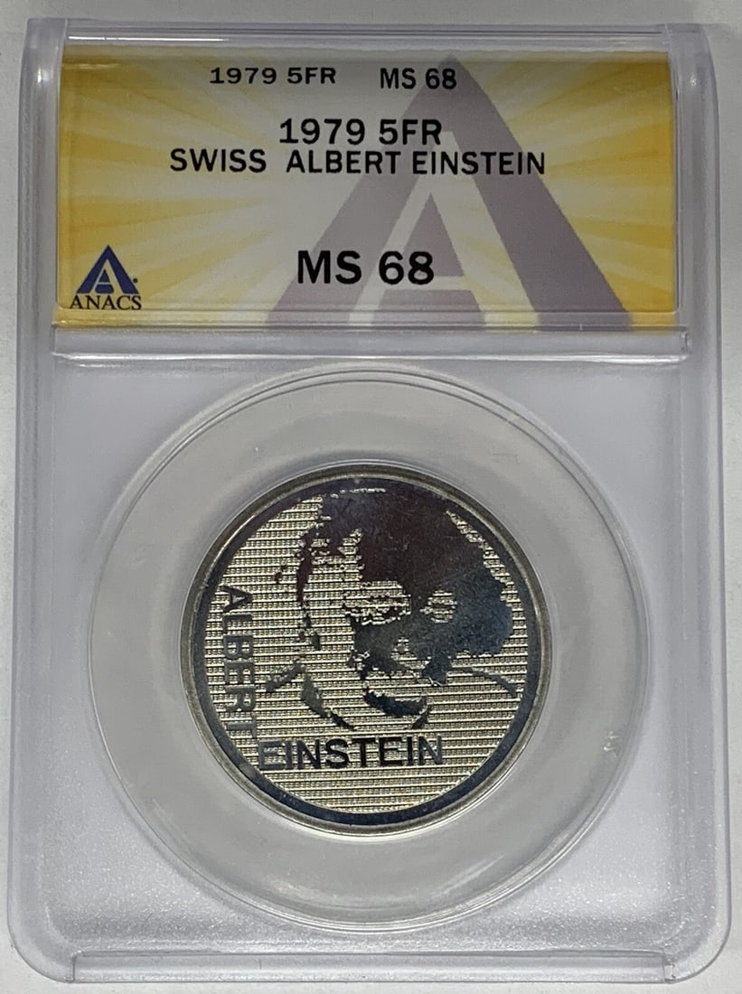 1979 5 Francs Swiss Albert Einstein Coin ANACS MS 68 Copper-Nickel: 1979 5 Francs Swiss Albert Einstein Coin ANACS MS 68 Copper-Nickel This is a 1979 Swiss 5 Francs Albert Einstein coin, certified by ANACS with a grade of MS 68. The coin is uncirculated and made of co