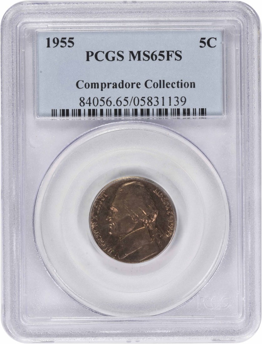 PCGS MS65 Full Steps 1955 Jefferson Five Cent Coin Philadelphia Mint: PCGS MS65 Full Steps 1955 Jefferson Five Cent Coin Philadelphia Mint This is a 1955 Jefferson Nickel graded MS65 Full Steps by PCGS. Struck at the Philadelphia Mint, this uncirculated coin features th