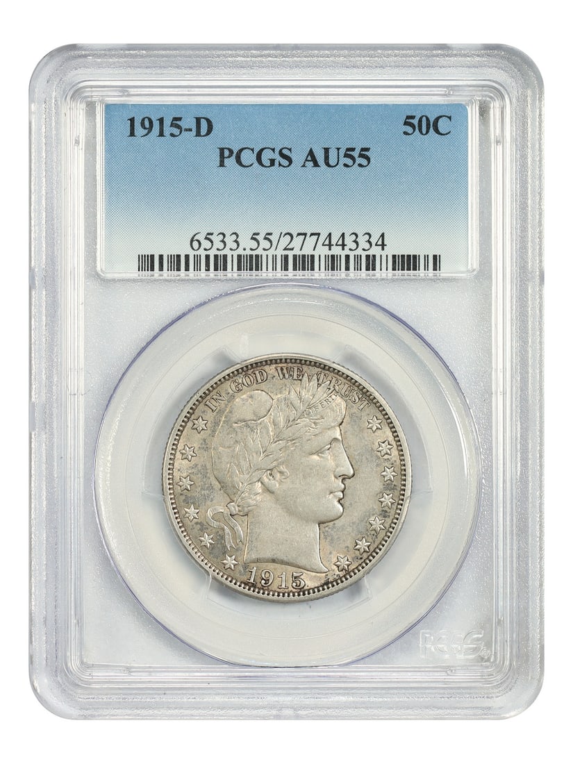 Barber Half Dollar 1915 Denver 50C PCGS AU55 Certified Coin: Barber Half Dollar 1915 Denver 50C PCGS AU55 Certified Coin This 1915-D Barber Half Dollar is graded AU55 by PCGS, indicating it is in About Uncirculated condition. Minted in Denver, this circulated c