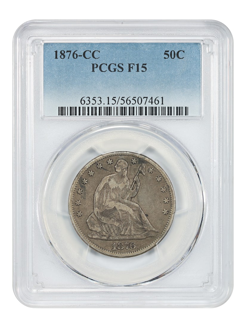 1876 Carson City Liberty Seated Half Dollar PCGS F15: 1876 Carson City Liberty Seated Half Dollar PCGS F15 This 1876-CC Liberty Seated Half Dollar is graded Fine 15 by PCGS and features the Carson City mint mark. The coin is circulated and is part of the