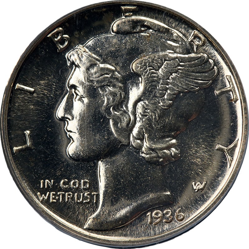PCGS PR65 1936 Silver Mercury Dime Proof with Strong Strike and Luster: PCGS PR65 1936 Silver Mercury Dime Proof with Strong Strike and Luster This original 1936 Mercury Dime Proof is graded PCGS PR65 and features superb eye appeal with strong strike, fantastic luster, an