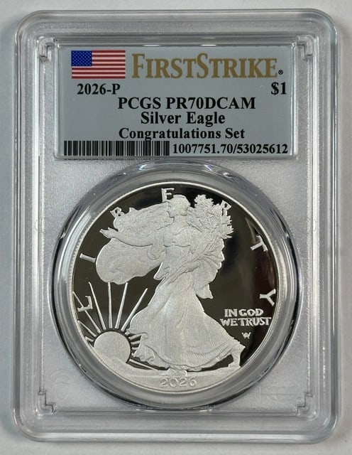 2026 Philadelphia Proof Silver Eagle PCGS PR70 DCAM First Strike Congratulations (1 of 2)