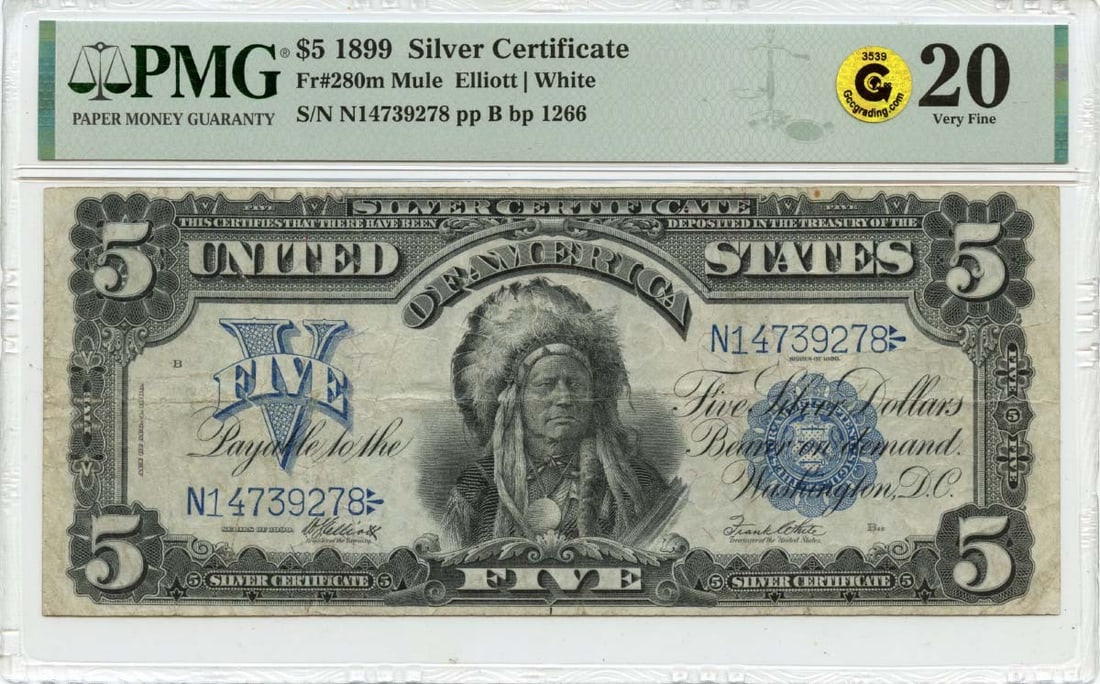 1899 Five Dollar Silver Certificate FR 280m Mule PMG VF20 Gold Chief: 1899 Five Dollar Silver Certificate FR 280m Mule PMG VF20 Gold Chief This 1899 $5 Silver Certificate features a striking blue seal and is classified under Fr# 280m. It has been graded as VF20 by PMG, 