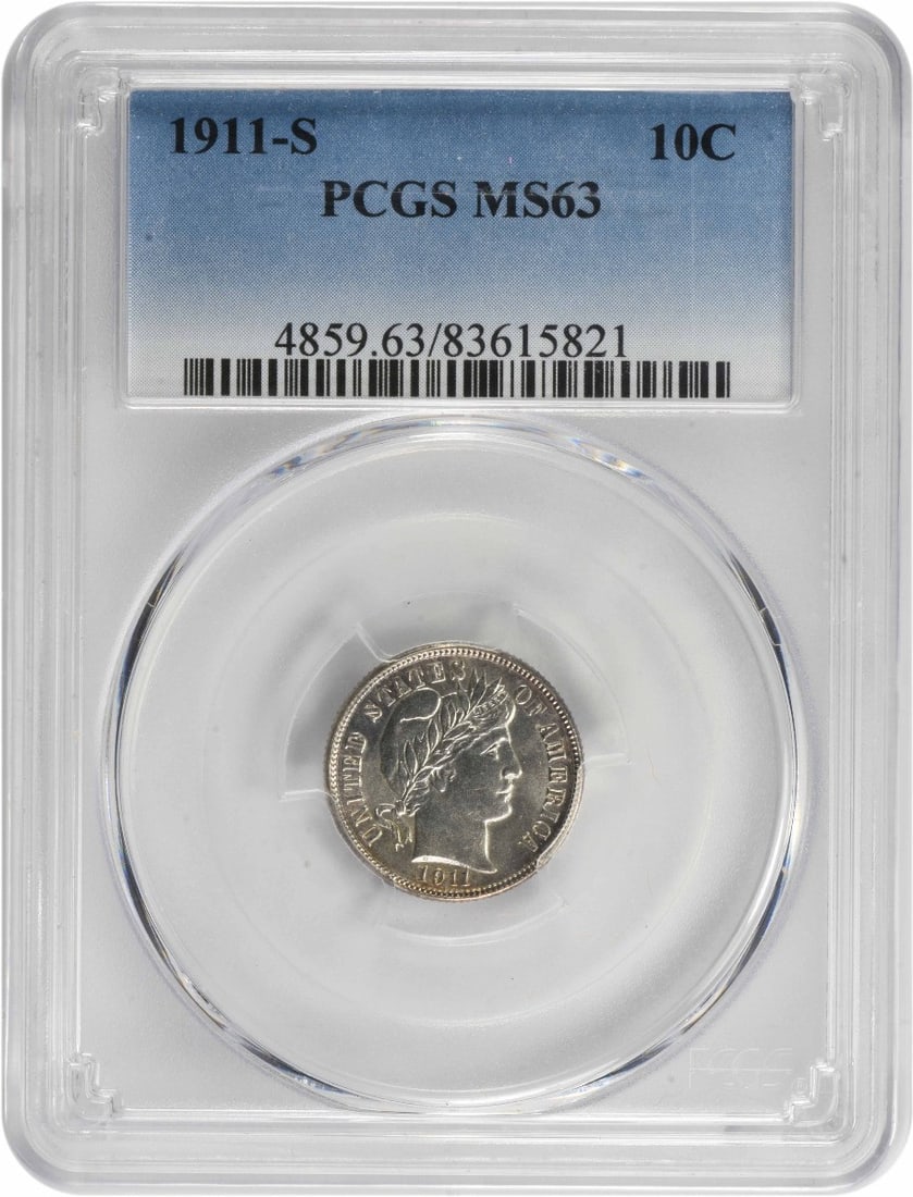 1911-S Barber Dime MS63 Certified PCGS 90% Silver Coin: 1911-S Barber Dime MS63 Certified PCGS 90% Silver Coin This 1911-S Barber Silver Dime is a remarkable piece of numismatic history, certified by PCGS with a grade of MS63. Struck at the San Francisco m
