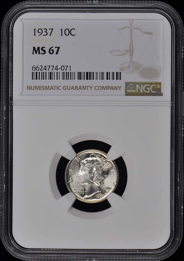 1937 Mercury Dime 10C NGC MS67 Uncirculated Coin: 1937 Mercury Dime 10C NGC MS67 Uncirculated Coin This 1937 Mercury Dime is certified by NGC with a remarkable grade of MS67, indicating its uncirculated condition. Minted in Philadelphia, this coin sh