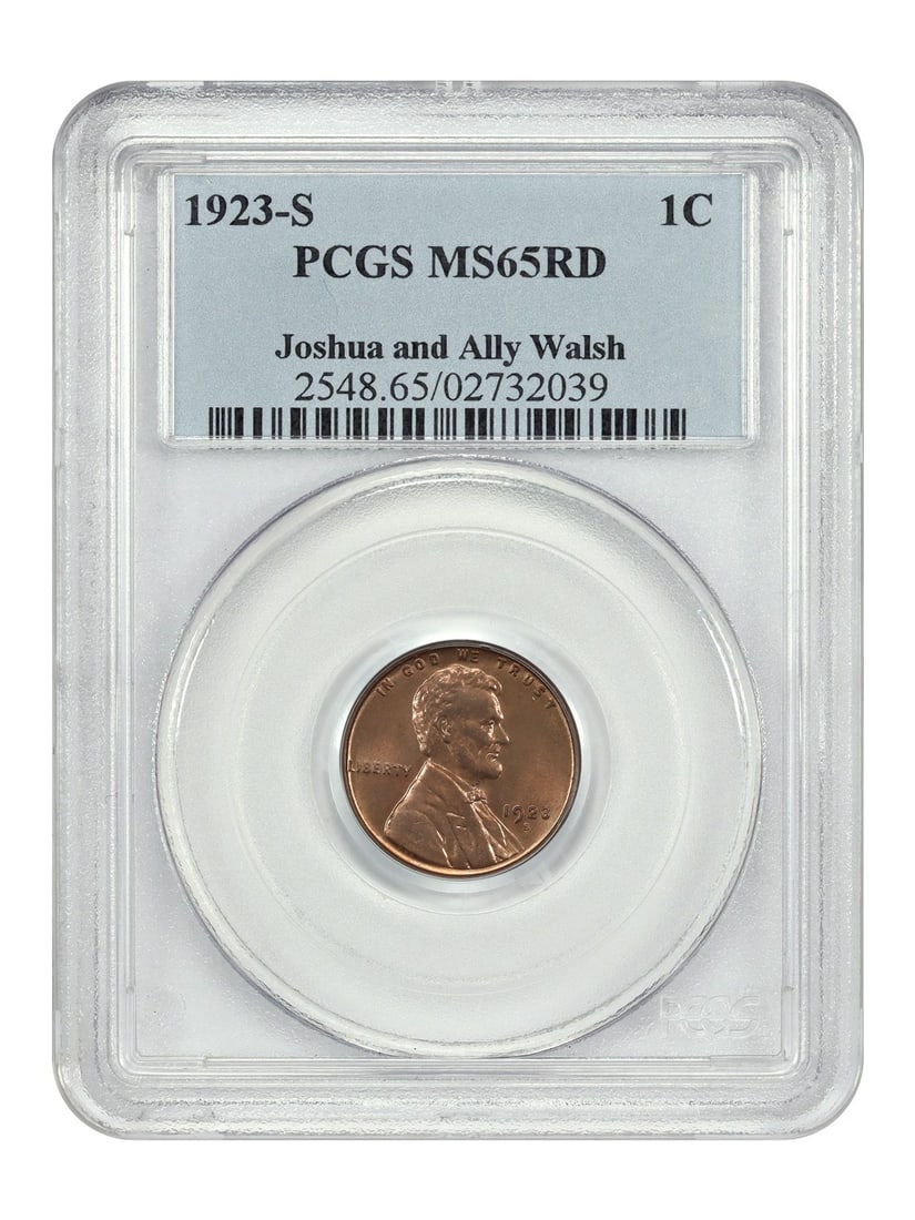 San Francisco 1923-S Lincoln Wheat Cent PCGS MS65RD Red Gem: San Francisco 1923-S Lincoln Wheat Cent PCGS MS65RD Red Gem This 1923-S Lincoln Cent (Wheat Reverse) is graded MS65RD by PCGS, indicating an uncirculated coin with a full mint red designation. Struck 