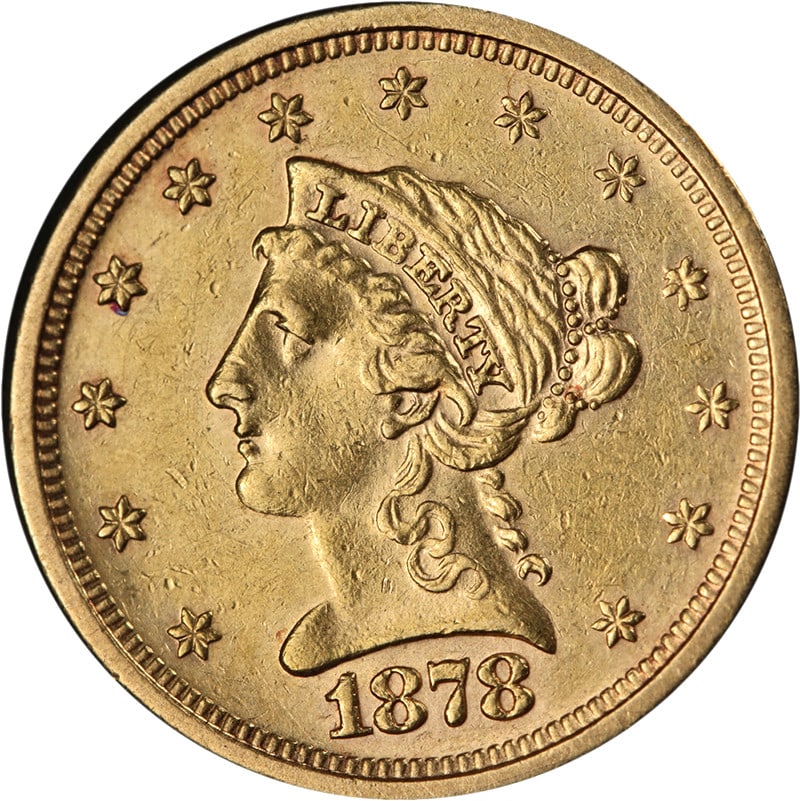 1878 San Francisco Liberty Head Gold Quarter Eagle AU Grade Coin: 1878 San Francisco Liberty Head Gold Quarter Eagle AU Grade Coin The 1878-S Liberty Gold $2.50 coin is a circulated United States gold coin from the San Francisco Mint, graded Choice About Uncirculate