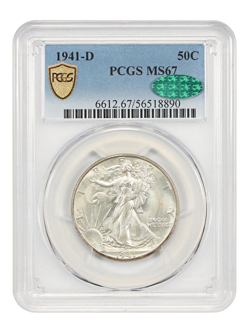 PCGS CAC MS67 Denver Mint 1941 Walking Liberty Half Dollar 50C: PCGS CAC MS67 Denver Mint 1941 Walking Liberty Half Dollar 50C This 1941-D Walking Liberty Half Dollar is graded MS67 by PCGS and features CAC approval, indicating high quality for collectors. Minted 