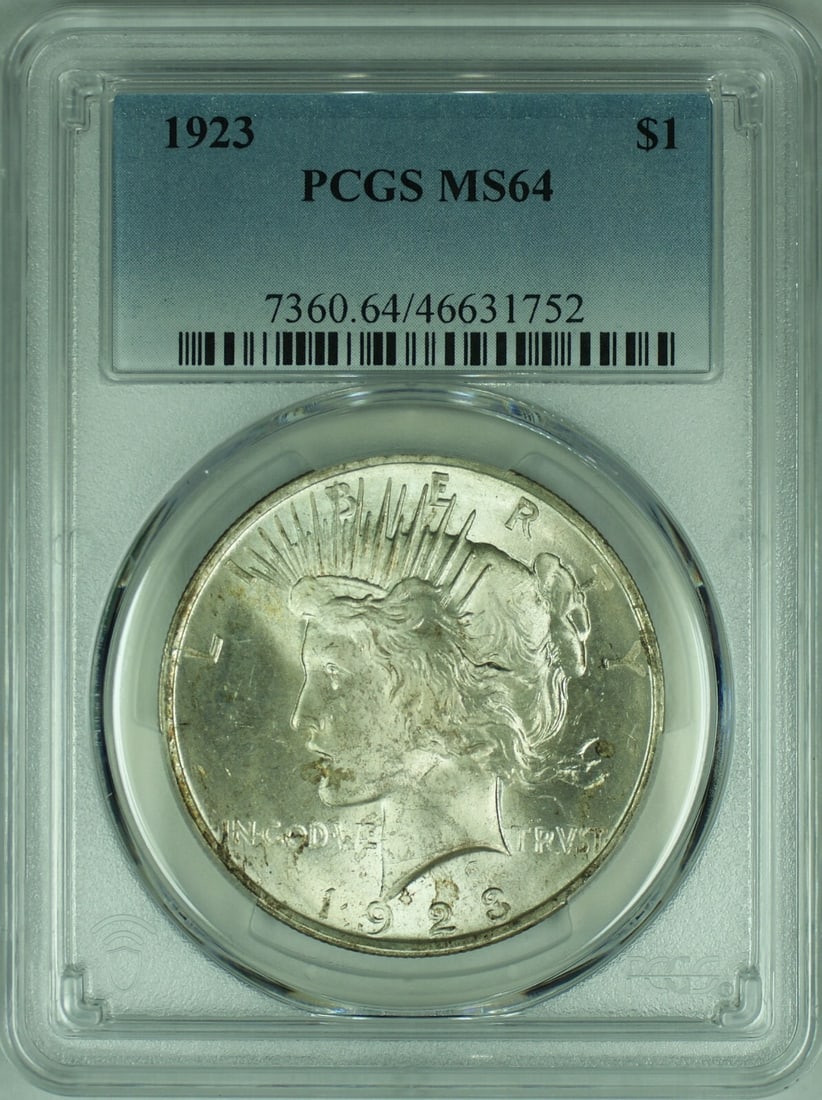 PCGS MS-64 1923 Silver Peace Dollar Coin from Philadelphia: PCGS MS-64 1923 Silver Peace Dollar Coin from Philadelphia This is a 1923 Peace Silver Dollar, certified by PCGS with a grade of MS-64. The coin is uncirculated and composed of 90% silver. Minted in P