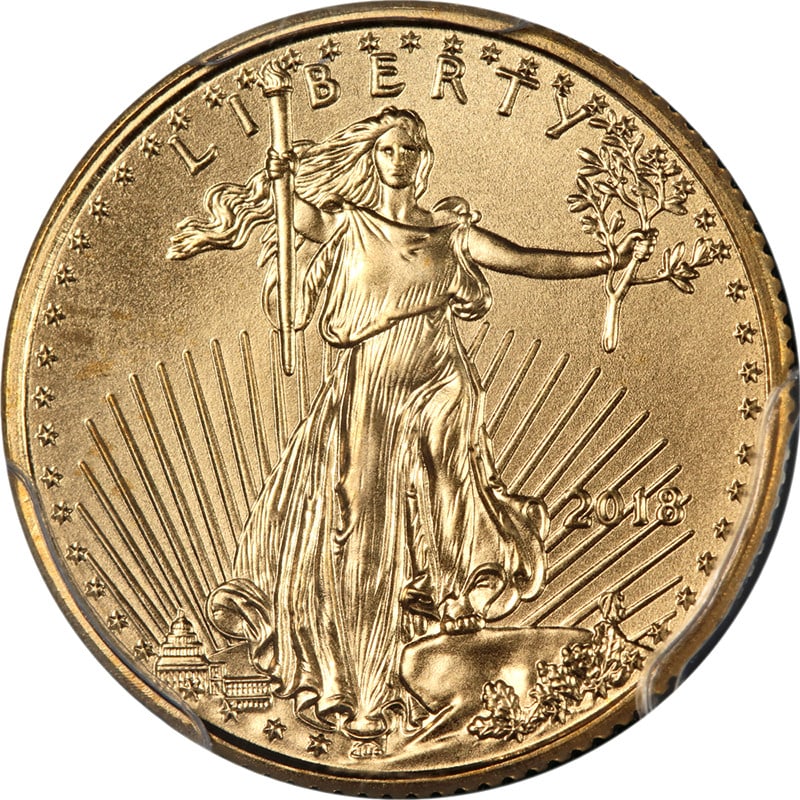 PCGS MS70 2018 $5 Gold Eagle Coin First Day of Issue: PCGS MS70 2018 $5 Gold Eagle Coin First Day of Issue This 2018 Gold American Eagle $5 coin is certified by PCGS with a grade of MS70 and features the First Day of Issue label. The coin is composed of 