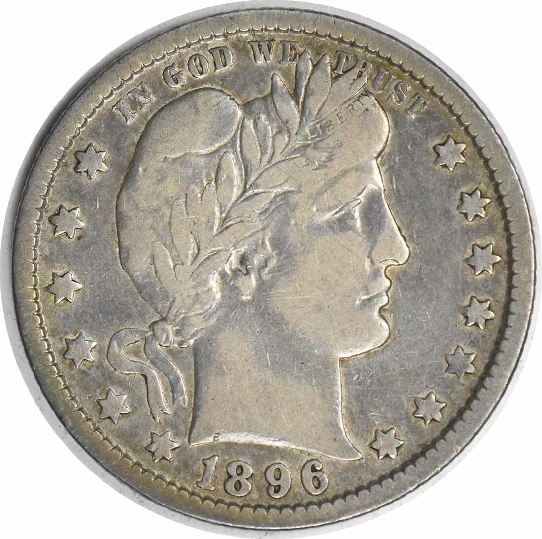 1896-O Barber Quarter 90% Silver VF Uncertified Coin: 1896-O Barber Quarter 90% Silver VF Uncertified Coin This 1896-O Barber Silver Quarter is a remarkable piece of American numismatic history. Struck at the New Orleans Mint, this circulated coin featur