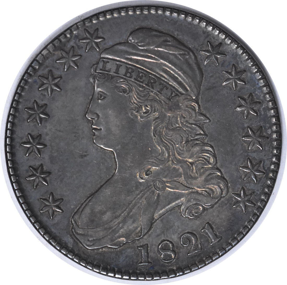 1821 Bust Silver Half Dollar O-107 AU John Reich Design: 1821 Bust Silver Half Dollar O-107 AU John Reich Design This 1821 Bust Silver Half Dollar is a remarkable piece of numismatic history. Struck at the Philadelphia Mint, this coin features a composition