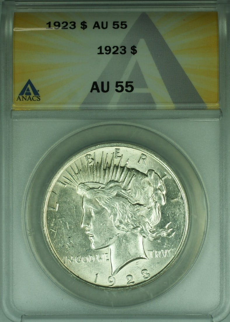 ANACS AU 55 Graded 1923 Peace Dollar Silver Coin: ANACS AU 55 Graded 1923 Peace Dollar Silver Coin This 1923 Peace Silver Dollar is certified by ANACS with a grade of AU-55, indicating it is in About Uncirculated condition. Minted in Philadelphia, th