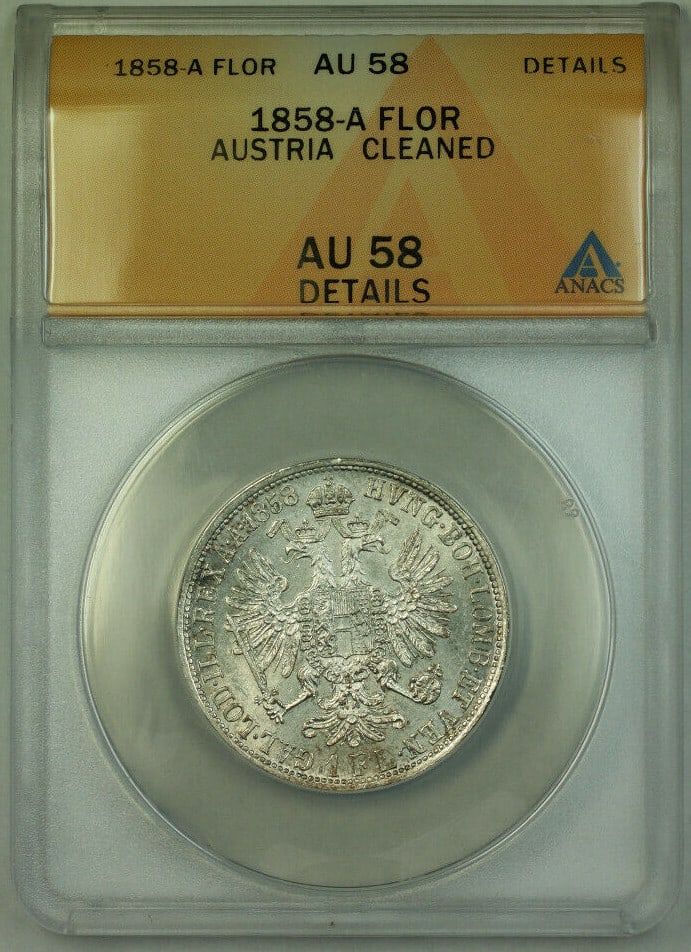 Austria 1858-A Silver Florin Certified by ANACS AU-58 KM 2219: Austria 1858-A Silver Florin Certified by ANACS AU-58 KM 2219 This is an 1858-A Austria 1 Florin silver coin, certified by ANACS with an AU-58 grade. The coin is composed of 0.9 fine silver and is a c