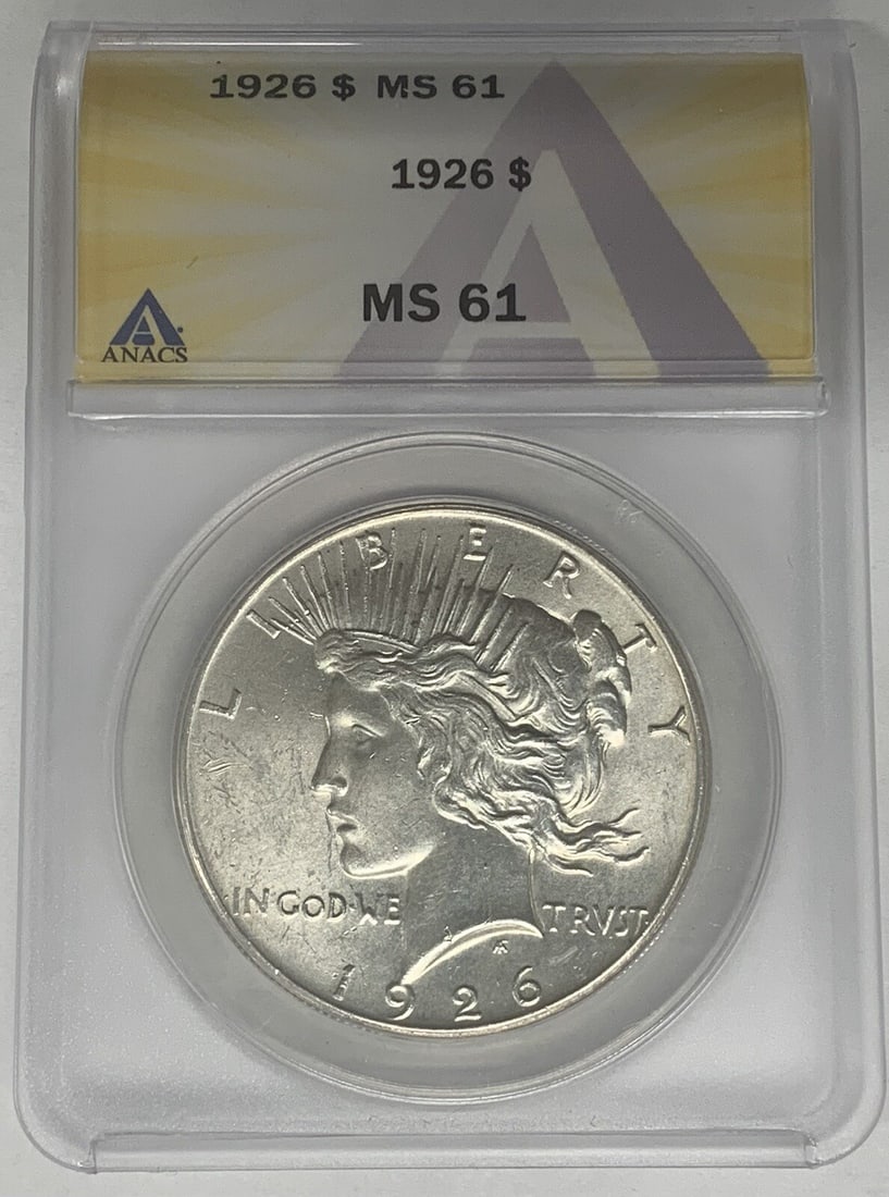 1926 Peace Dollar Silver Coin ANACS Certified MS 61 Uncirculated: 1926 Peace Dollar Silver Coin ANACS Certified MS 61 Uncirculated This is a 1926 Peace Silver Dollar coin from the United States, featuring a denomination of $1. The coin is composed of silver and is c