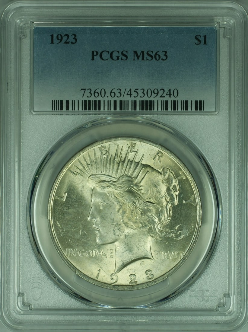 PCGS MS-63 1923 Peace Dollar Silver Coin from Philadelphia: PCGS MS-63 1923 Peace Dollar Silver Coin from Philadelphia This is a 1923 Peace Silver Dollar from the United States, graded MS-63 by PCGS. The coin is uncirculated and was minted in Philadelphia. It 