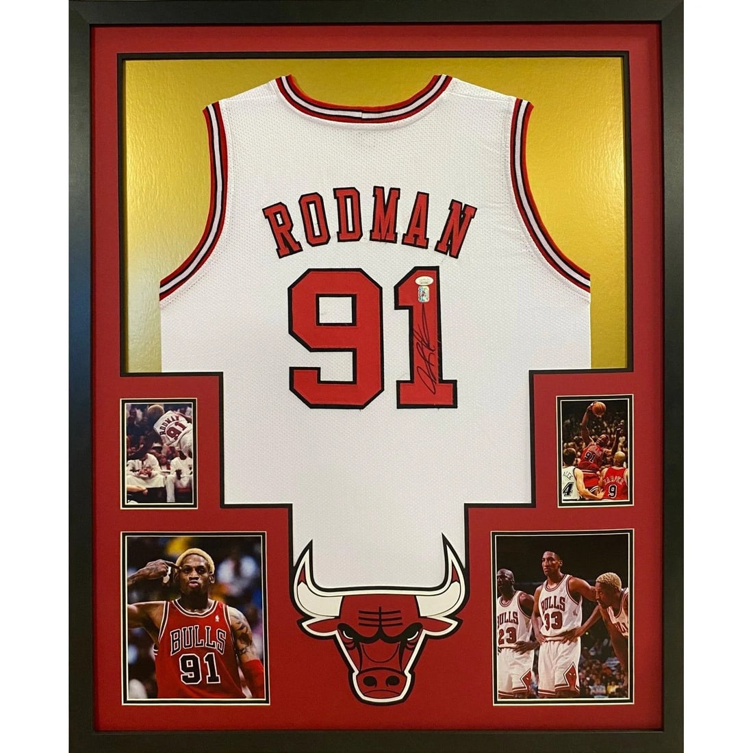 Dennis Rodman Autographed Framed Jersey JSA Certified Chicago Bulls: Dennis Rodman Autographed Framed Jersey JSA Certified Chicago Bulls This is a signed, framed jersey of Dennis Rodman, featuring the iconic Chicago Bulls logo. Authenticated by JSA, it includes a tampe