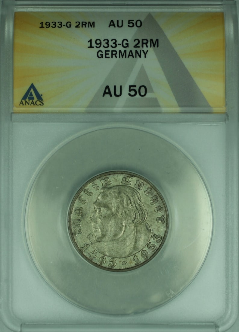 Germany 1933-G 2 Reichsmark Silver Martin Luther Coin ANACS AU-50: Germany 1933-G 2 Reichsmark Silver Martin Luther Coin ANACS AU-50 This 1933-G Germany 2 Reichsmark silver coin commemorates the birth of Martin Luther. Certified by ANACS and graded AU-50, the coin is
