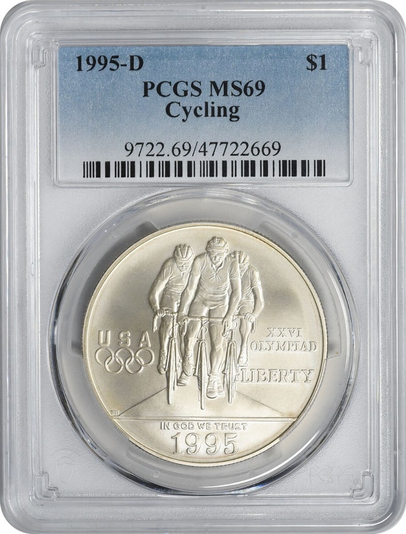 1995-D Cycling Commemorative Silver Dollar MS69 PCGS Uncirculated: 1995-D Cycling Commemorative Silver Dollar MS69 PCGS Uncirculated This 1995-D Cycling Commemorative Silver Dollar is a stunning piece, graded MS69 by PCGS, ensuring its exceptional quality. Struck in 