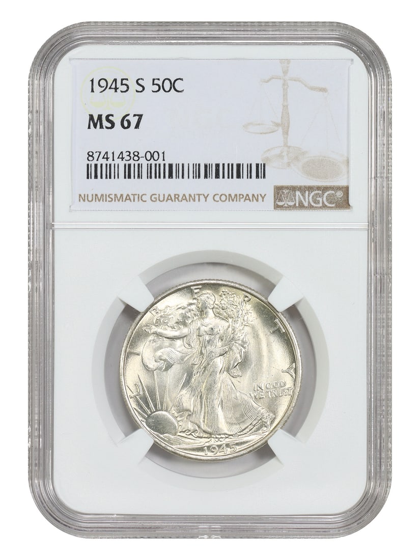 NGC MS67 1945-S Walking Liberty Half Dollar San Francisco Mint: NGC MS67 1945-S Walking Liberty Half Dollar San Francisco Mint This 1945-S Walking Liberty Half Dollar is graded MS67 by NGC, featuring sharp details and satiny smooth surfaces with warm golden toning