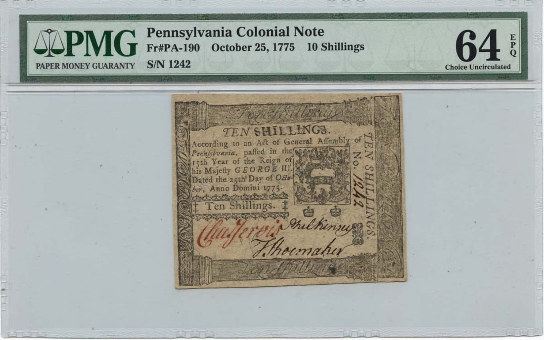 1775 10 Shillings Pennsylvania Colonial Note PMG MS64 PA-190: 1775 10 Shillings Pennsylvania Colonial Note PMG MS64 PA-190 This remarkable piece of Pennsylvania Colonial currency dates back to October 25, 1775, featuring a denomination of 10 Shillings. Certified