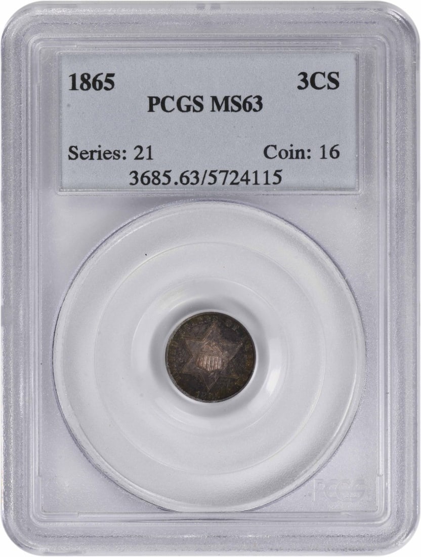 United States 1865 Silver Three Cent Piece PCGS MS63 Graded: United States 1865 Silver Three Cent Piece PCGS MS63 Graded This 1865 Three Cent Silver coin was minted in Philadelphia and certified by PCGS with a grade of MS63. Designed by James Barton Longacre, t
