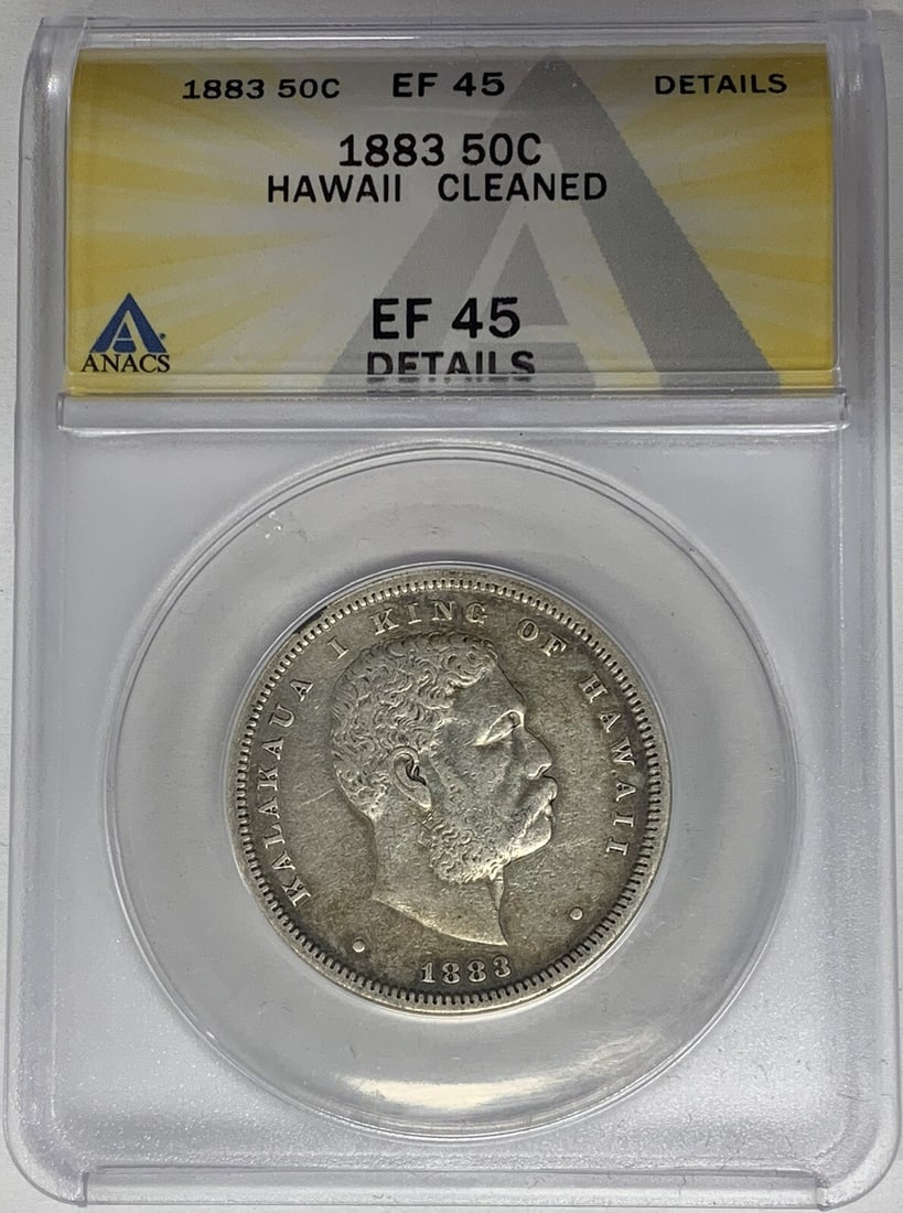 1883 Silver Hawaii Half Dollar ANACS XF 45 Details Cleaned: 1883 Silver Hawaii Half Dollar ANACS XF 45 Details Cleaned This 1883 Hawaii 50 Cent coin is certified by ANACS with a grade of XF 45 Details and has been professionally cleaned. It is composed of silv